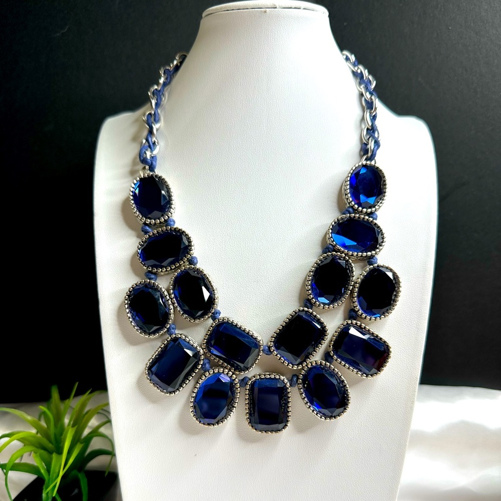 St. Thomas Royal Blue Bezel Set Glass Crystals Double Strand Necklace